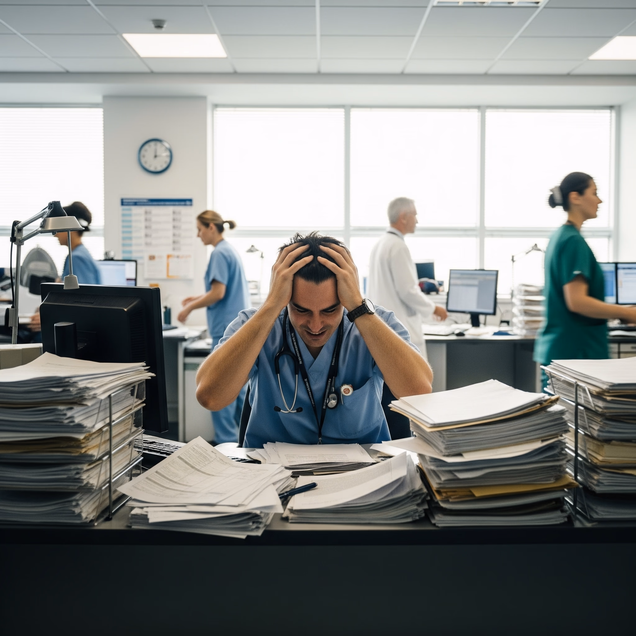 Overwhelmed healthcare worker surrounded by patient data
