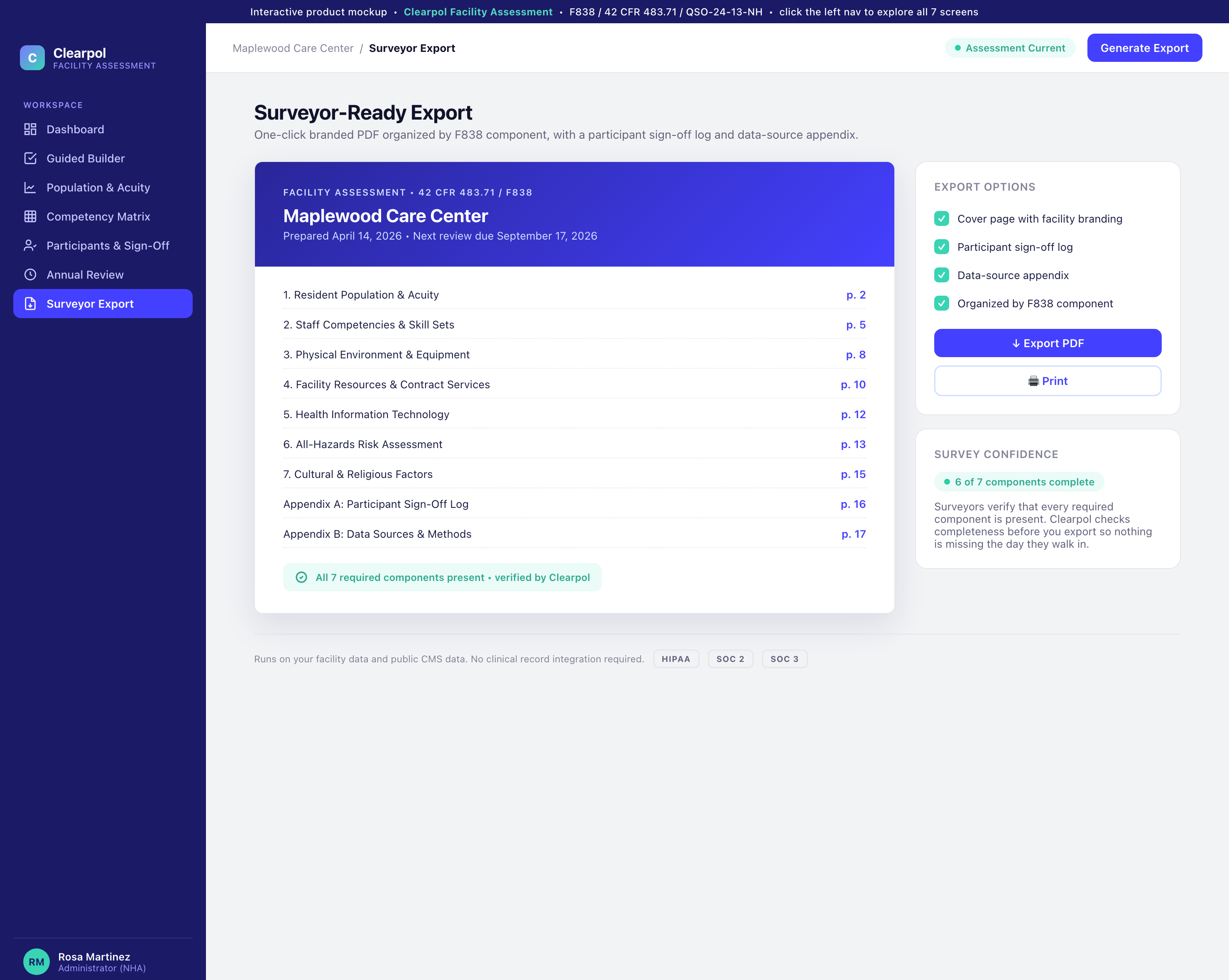 Surveyor-ready PDF export organized by F838 component with cover page, sign-off log, and data-source appendix
