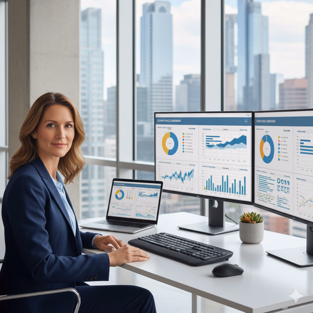 Healthcare professional at a regulatory monitoring workstation