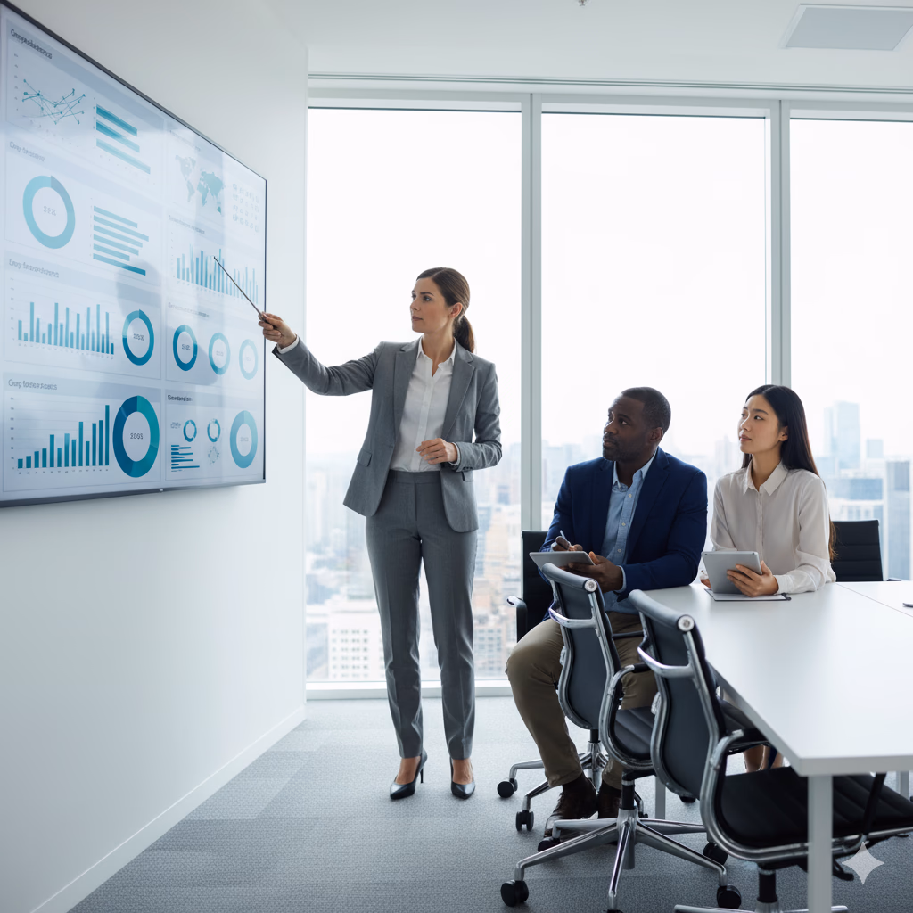 Compliance team meeting in an office conference room